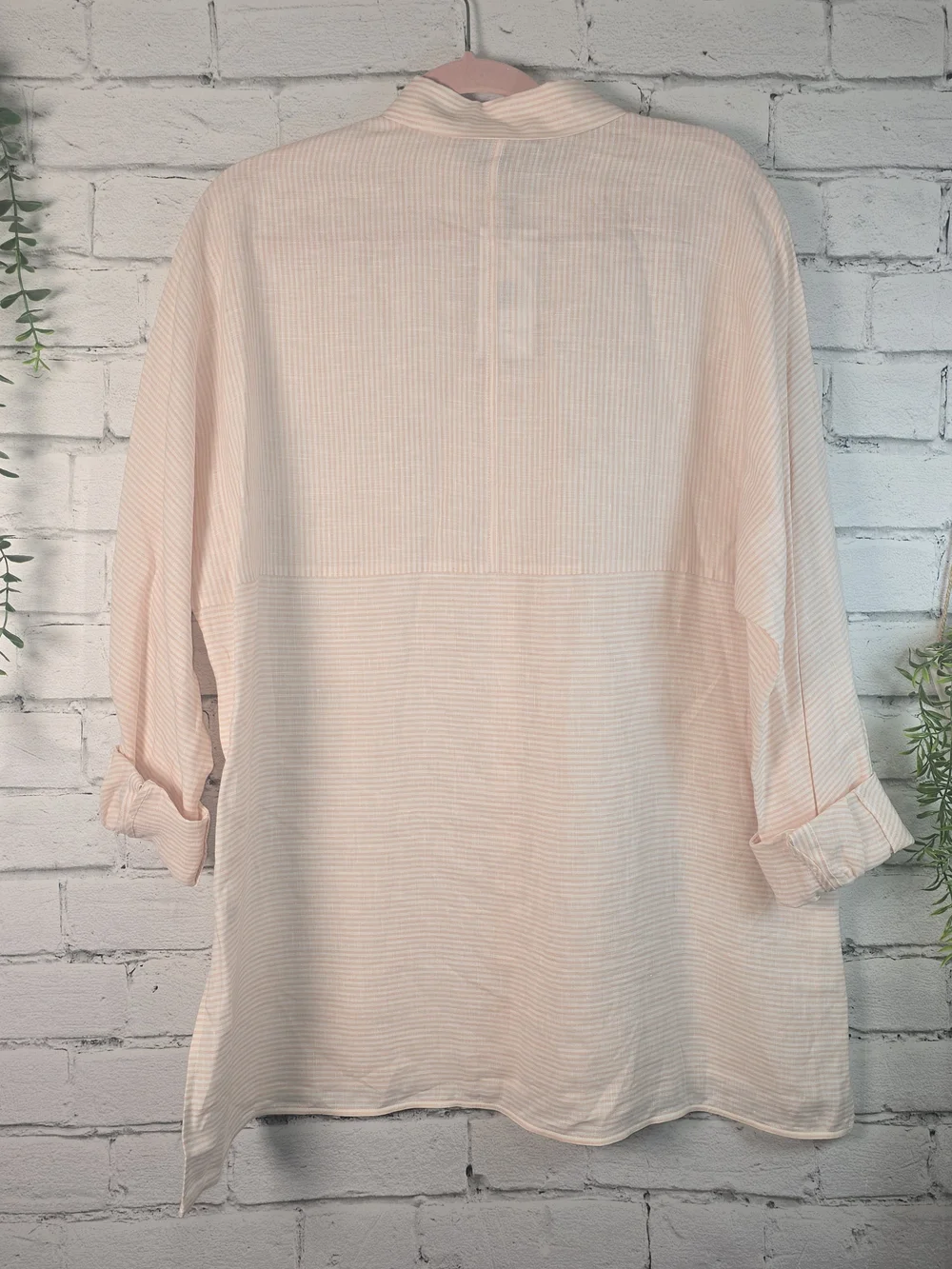 LAFAYETTE 148 NEW YORK ROSE QUARTZ STRIPED 100% LINEN BUTTON DOWN BLOUSE NWT LG - Picture 2 of 10
